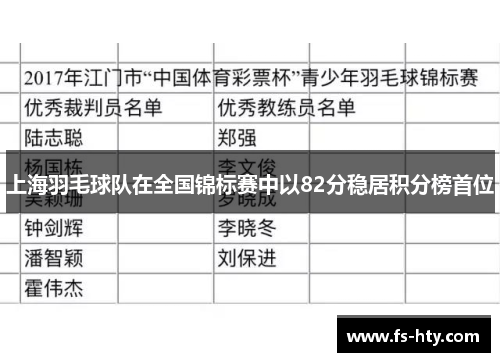 上海羽毛球队在全国锦标赛中以82分稳居积分榜首位
